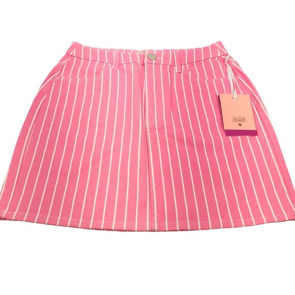 Victor Glemaud Women's Size 4 High Rise Mini Jean Skirt Pink Pinstripe New - Picture 1 of 11